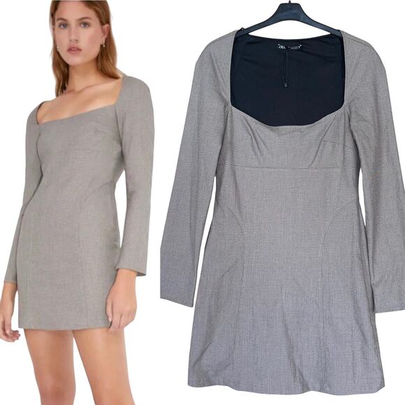 Zara Dress Sheath Plaid Academia Fitted Long Sleeve - Picture 2 of 8